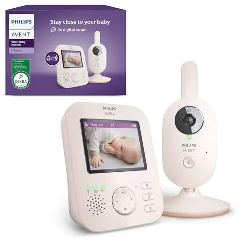 AVENT Philips Babyphone vidéo Advanced, Certifié DEKRA, 100% privé et sécurisé avec caméra et Audio, Corail/crème, écran de 2,8", Zoom x 2, Vision Nocturne, Audio bidirectionnel, berceuses, SCD881/26