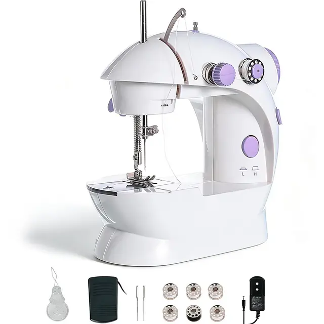 202A Heimnähmaschine, Mini-Doppelfaden-Nähmaschine mit 2 Geschwindigkeiten und Fußpedal, 220 V (lila)