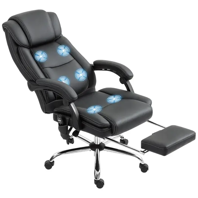 HOMCOM Fauteuil de Bureau massant et Chauffant, Chaise de Bureau Ergonomique avec Hauteur réglable, Dossier inclinable, Repose-Pieds, télécommande Filaire, pivotant 360°, Cuir synthétique, Noir