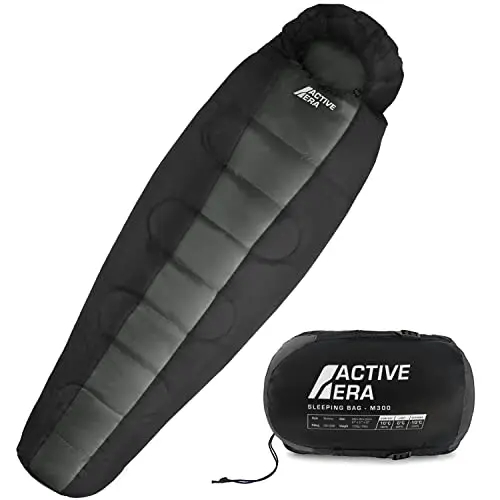 Active Era Sac de Couchage Sarcophage Professionnel, 300GSM, 3-4 Saisons, Température Extrême, Duvet Adulte Compact pour Camping, Randonnée et Extérieur, avec Capuche, Cordon de Serrage et Collier