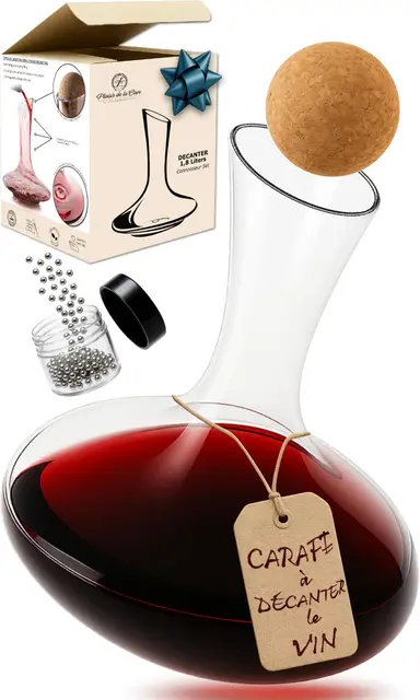 Carafe à Décanter le Vin (+ Bouchon 100% Pure Liège et Billes Nettoyantes) - Décanteur Aérateur pour Vin Rouge et Blanc avec Accessoires