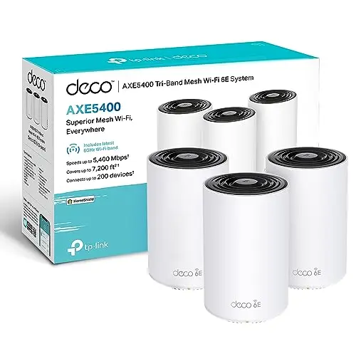 TP-Link Deco WiFi 6E Mesh AXE5400Mbps Deco XE75(3-Pack), Routeur et répéteur tri-Bande, Couverture jusqu'à 670 m², WPA3, idéal pour Grandes Maisons, Compatible avec Amazon Alexa, 9 Ports Gigabit