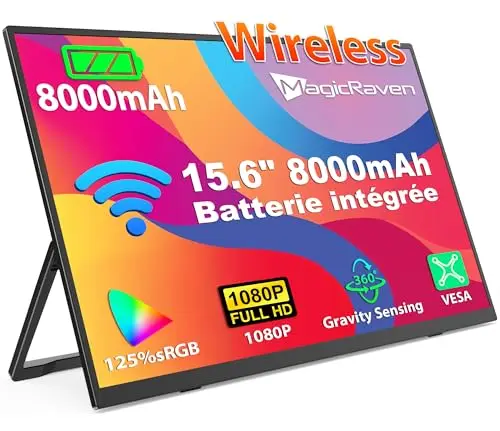 MAGICRAVEN Ecran Portable sans Fil avec Batterie 8000mAh, 15,6" 1080P IPS Moniteur Portable, Ecran Externe Portable Haut-Parleurs Intégrés, Extension écran pour PC/Téléphone/Tablette