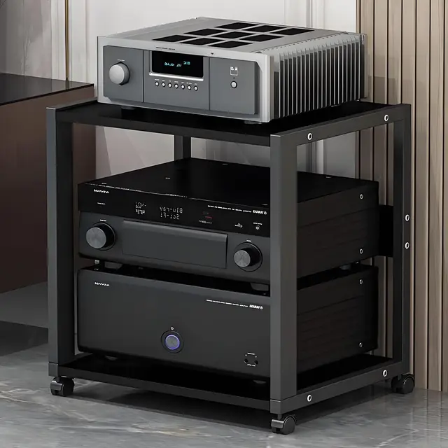 Meuble Chaine HiFi Armoire De Rack Audio, Support Multimédia À 2/3 Niveaux avec roulettes, Étagère Ajustable Support Vidéo Mobile for Salon, Bureau, Home Cinéma(2-Layer)