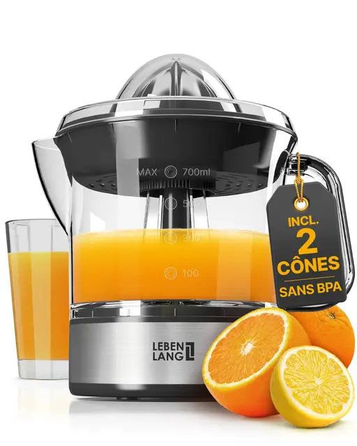 LEBENLANG Presse agrume electrique - 2 cônes & sans BPA I Haut rendement en jus I 700ml presse agrumes electriques I Presseur fruits automatique Presse-agrumes de jus d'orange machine