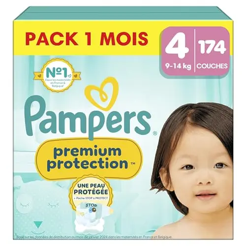 Pampers Premium Protection, Taille 4, 174 Couches, 9-14kg, Double Protection pour la peau et contre les fuites Avec Poche Stop & Protect pour aider à capturer les Fuites, Pack 1 Mois