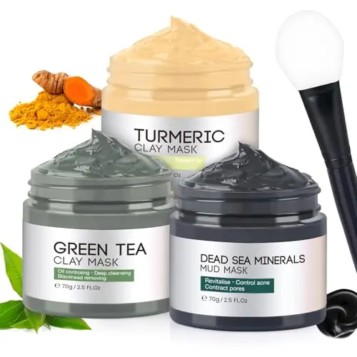 IIIMEIDU Masque Argile Visag, 3PCS Masque Visage au Curcuma - Masque d'Argile Détox au thé Vert - Masque de Boue aux Minéraux de la Mer Morte, Masques Visage Kit, Nettoyer et Détoxifie