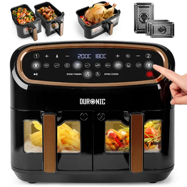 Duronic AF34 BG Set Friteuse à Air avec 1 grand tiroir de 10L et 2 petits tiroirs de 5L inclus | 10 Programmes de Cuisson Préréglés | Sans huile | Fonctions Sync Cook Sync Finish