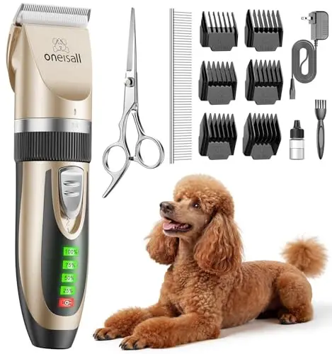 oneisall Tondeuse silencieuse pour chiens, batterie 2000mAh, autonomie 4h, pour chats et chiens à poil épais, rasoir pour poils longs (doré)
