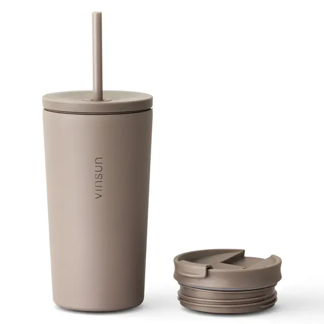 VINSUN Mug Isotherme avec Paille et Couvercle 480ml - Acier Inox, Anti-Fuite, Double Paroi, Boissons Chaudes et Froides - Tasse Isotherme Voiture, Uni