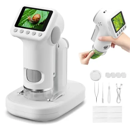 1600X Microscope Enfant, 1080P 2,0" Écran Portable Microscope de Poche, avec Kits Scientifiques, Jouets Sciences Éducatives, Cadeaux de Noël pour Enfants Élèves de 3 à 12 Ans (Blanc)