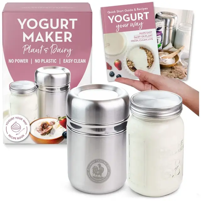Yaourtière en acier inoxydable avec bocal en verre de 1 quart (0,95 litre) et livre de recettes complet pour faire plus de 12 yaourts faits maison sans produits laitiers et au lait