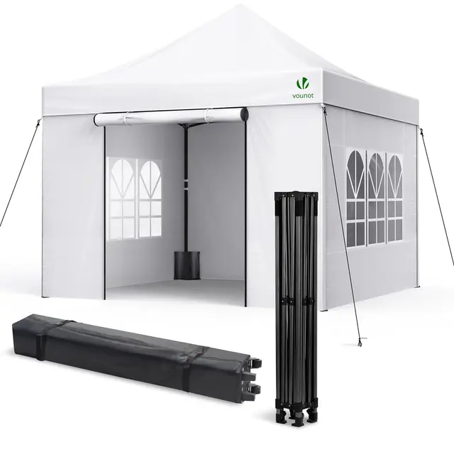 VOUNOT® Tonnelle de Jardin Renforcée 3 x 3 m Pliante avec 4 Parois Latérales et Fenêtres Barnum Robuste Sac de Transport à roulettes et Sacs de Sable Tente pour Jardin Terrasse Camping Festival Blanc