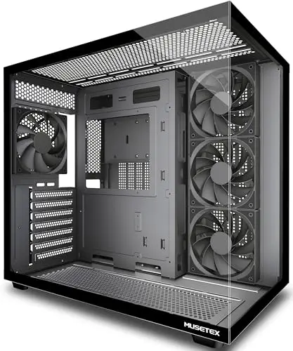 MUSETEX Y6 Boîtier PC, 4 Ventilateurs Non-LED préinstallés, Vue 270° en Verre Trempé, Connectique Type-C, Boîtier PC ATX Mid-Tower, Noir