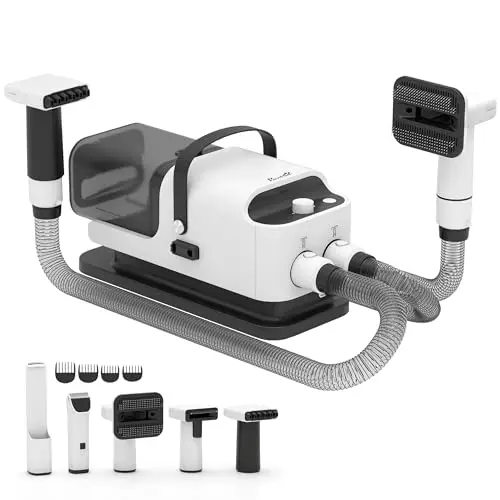 PawHut Aspirateur poil de chien et séchoir 5-en-1, kit toilettage chien professionnel 12kPa - tondeuse chien silencieuse 50dB avec température réglable et réservoir 1,8L pour animaux, blanc
