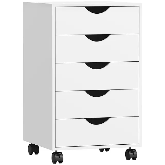 HOMCOM Caisson bureau mobile avec 5 tiroirs, meuble rangement bureau sur roulettes pour documents et imprimante, caisson de rangement compact pour travail ou chambre, 40 x 40 x 67 cm, blanc