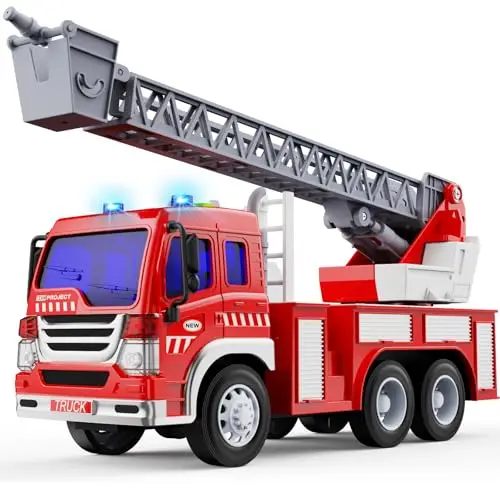 GizmoVine Gros Camion Pompier Jouet, Grand Voiture Pompiers XXL avec Échelle, Sonore et Lumineux, Realiste Maquette Véhicule, Fire Truck, Cadeau Anniversaire Enfant 3 4 5 6 7 8 Ans - Rouge