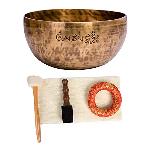 Grande 20CM Pleine Lune Bol Tibétain Bol De Méditation Ensemble avec des Bâtons De Feutre, Coussin, Maillet en Bois, 7 Types De Métal, Peut Produire Une Résonance Vibratoire, Fait À La Main Au Népal