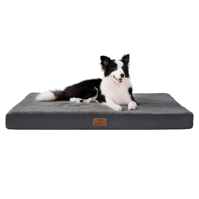 Bedsure Coussin Chien Dehoussable Orthopédique - Tapis pour Chien Grande Taille 91x69x7.6cm, Lit pour Chien en Mousse avec Revêtement de Peluche, Gris