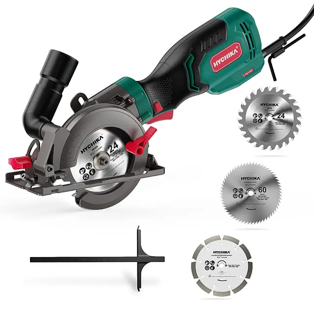 HYCHIKA Mini Scie Circulaire 750W 3500TR/MIN, Scie Compacte avec 3 Lames (24T/60T/9T) pour Bois, Métal et Carrelage, Coupe Biseautée 45°/90° (Profond. Max 48mm), Bricolage