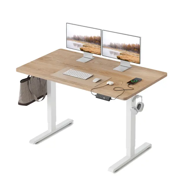 FEZIBO Bureau réglable en Hauteur, Plateau Monobloc, 100 x 60 cm, Bureau Assis Debout avec Ports de Charge USB-A et USB-C, Standing Desk, Chêne