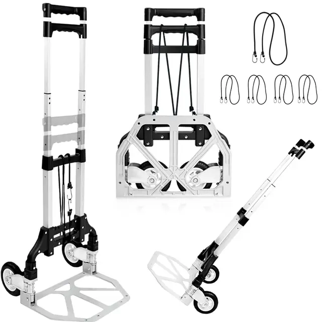JUPPLIES Diable Pliable en Aluminium + Corde - Chariot de Transport 100x40 cm Max 75 kg avec Roues Silencieuses et Poignée Télescopique - Mini Diable Compact pour la Maison, Le Bureau ou Les Voyages