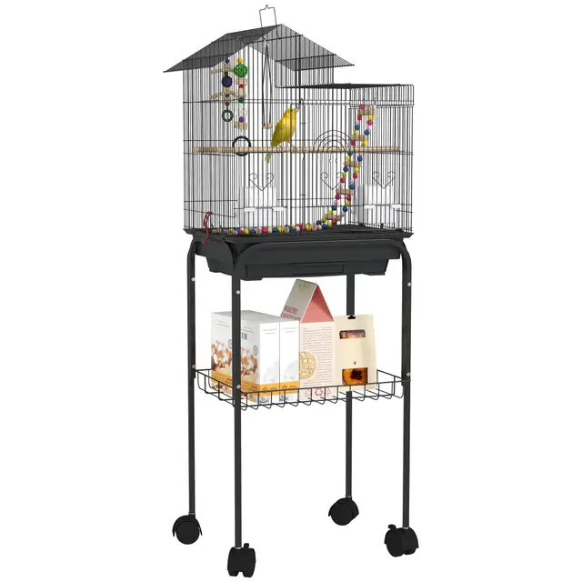 PawHut Cage à Oiseaux sur Roues 46 x 36 x 120 cm 2 mangeoires 2 perchoirs étagère Cage pour Perruche calopsitte Conure Pinson canaris