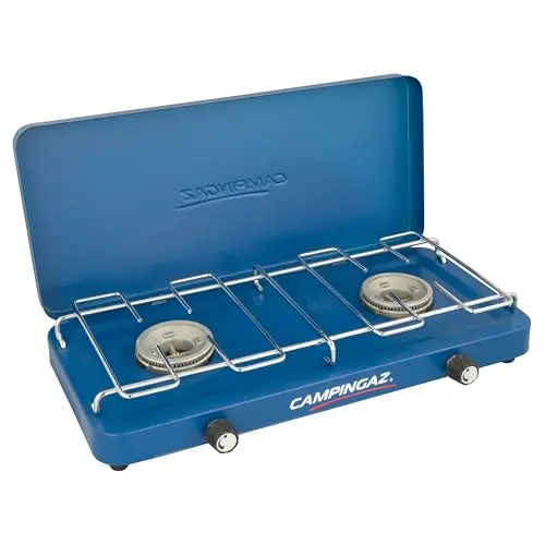 Campingaz Base Camp, Réchaud de Camping compact à Couvercle, Possibilités de Cuisson variées avec 2 Plaques, Réchaud à Gaz à 2 Flammes à Puissance 2 x 1 600 W, Réchaud à Gaz pour le Camping