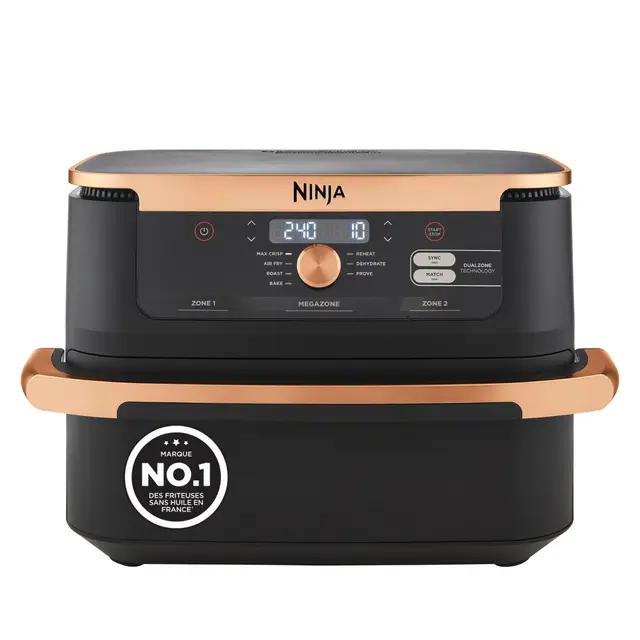 NINJA Foodi FlexDrawer Air Fryer, Dual Zone Avec Séparateur Amovible, Grand Tiroir de 10.4 L, 7-en-1, Double Zone, Pièces Antiadhésives Compatibles Au Lave-Vaisselle, Noir & Cuivre, AF500EUCP