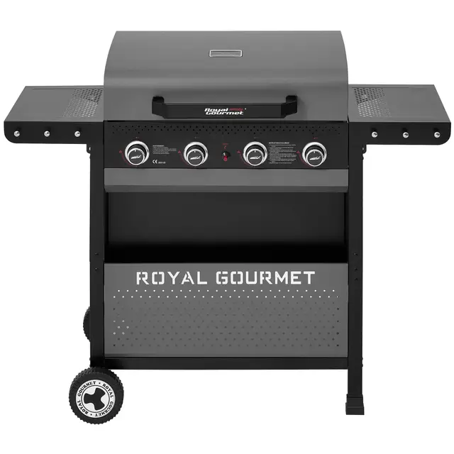 Royal Gourmet 4 Brûleurs Barbecue Gaz, Gril à Gaz sur Chariot de Puissance 10 KW avec Tables d’appoint Pliantes et Panier de Rangement, Adapté pour Jardin et Extérieur, Noir