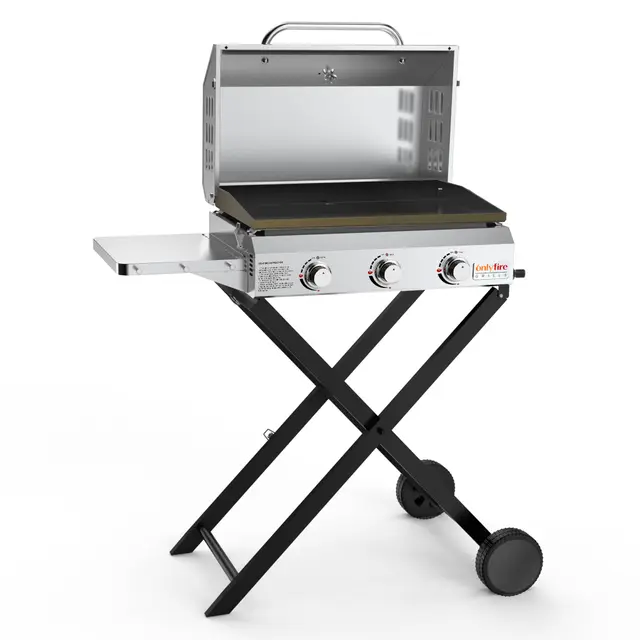 Onlyfire BBQ Barbecue à Gaz | 3 Brûleurs en Inox | Zone de Cuisson 57 x 36cm | 7Kw | avec Table D'appoint, Chariot, Thermomètre, Plaque de Gril | pour Extérieur Camping Balcon