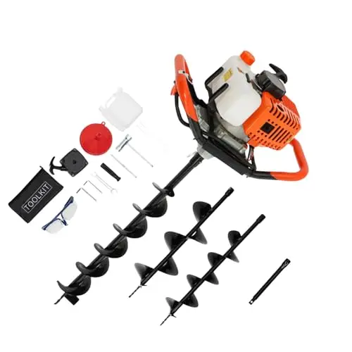 Tarière thermique 52cc avec 3 forets (10/15/20 cm) + rallonge, Tariere 1,7 kW 2,3 CV, Mèche tarière simple feuille, Outil creuser trou terre pour clôture plantation, 6500-8500 tr/min