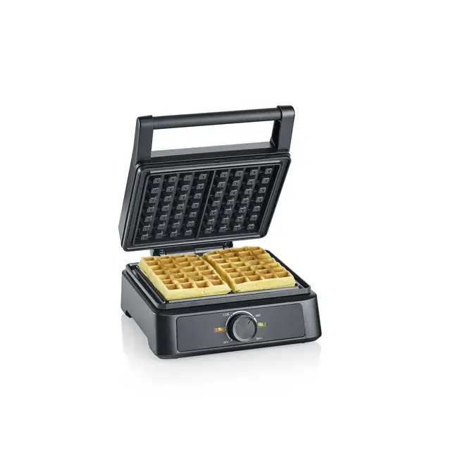 SEVERIN Gaufrier 1 600 W, Appareil à gaufres au revêtement antiadhésif pour gaufres belges moelleuses et croustillantes, Machine à gaufre sans PFAS au design compact, Noir, WA 2130