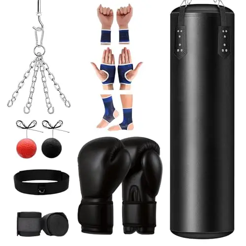 Sac De Frappe, Sac De Frappe Adulte, 120cm/4ft Punching-Ball Avec Gants De Boxe, Bandages, Chaîne, Crochet Pour Plafond, Balles De Boxe Réflexe, pour Kick-Boxing, Muay Thaï, Karaté, Taekwondo