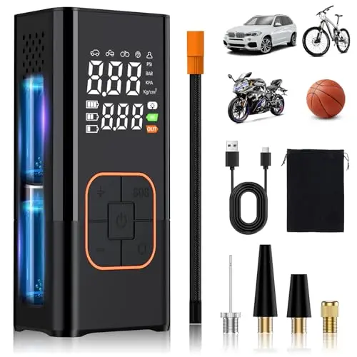 Compresseur de Gonflage Pneus Portable 150 PSI 7.4V – Pompe à Air sans Fil Double Écran Digital avec Batterie 2000mAh×2, Préréglage de Pression, Fonction Mémoire pour Voiture Moto Vélo