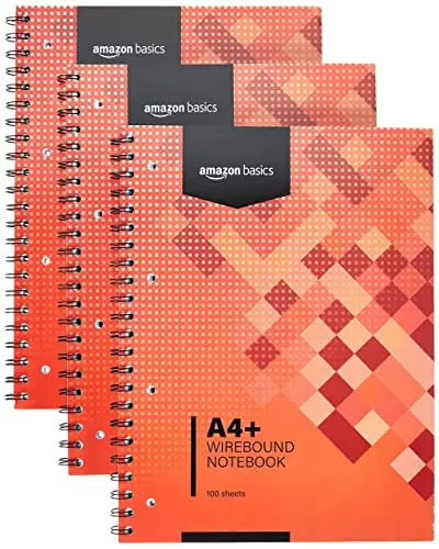 Amazon Basics Cahier à reliure spirale, 100 feuilles, 200 pages A4+, 80 g/m², lot de 3, Rouge