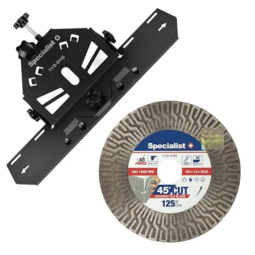 Specialist+ Kit de découpe de carreaux pour meuleuse d'angle - Coupe-carreaux manuel à 45 degrés et disque diamant de 125 mm, disque diamant ultra-mince pour carrelage, céramique, marbre