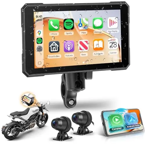 Rimoody Portable Carplay Écran Moto avec 2 Caméras Avant et Arrière, 5 Pouces Ecran sans Fil Carplay pour Motocycle Android Auto, Étanche IP68/Bluetooth/Navi/APP/Surveillance de la Pression des Pneus