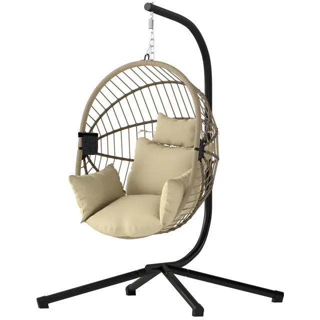 Outsunny Fauteuil Suspendu, Fauteuil Œuf Suspendu, Chaise Hamac Balançoire - Panier Pliable, Coussin Rembourré, Poche, Oreiller, Chaise Suspendue Cocooning Intérieur et Extérieur, Kaki