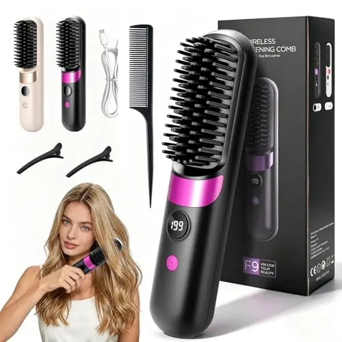Mini Brosse Lissante, Portable Sans Fil électrique Anti-BrûLure Brosse Chauffante avec Affichage LCD Rrechargeable, pour Tous Les Types de Cheveux Convien und Voyage & Domicile(Noir)