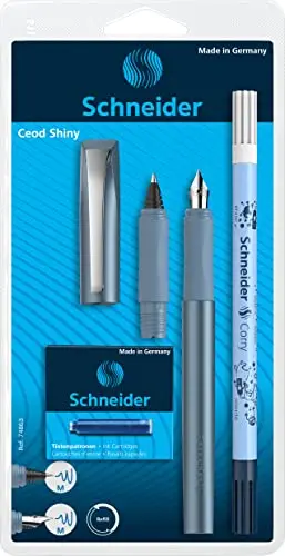 Schneider 74863 Ceod Shiny Kit d'écriture avec stylo plume, stylo roller, effaceur d'encre, pour droitiers et gauchers, plume M, avec cartouche d’encre bleu roi, couleur bleu pacifique
