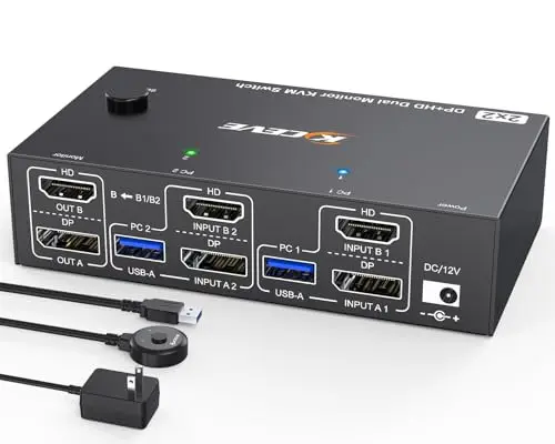 4K@144Hz KVM Switch 2 PC 2 Monitor 8K@60Hz,MLEEDA HDMI+Displayport Commutateur KVM Dual Monitor pour 2 Ordinateurs Partagés 2 Moniteurs et 4 Ports USB3.0,Télécommande Filaire et USB Câbles