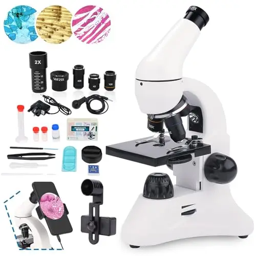 USCAMEL 40X-2000X Microscope pour Enfants étudiants Adultes, avec Ensemble Lames, Microscope Professionnel pour l'enseignement de la Biologie à Domicile en Laboratoire Scolaire