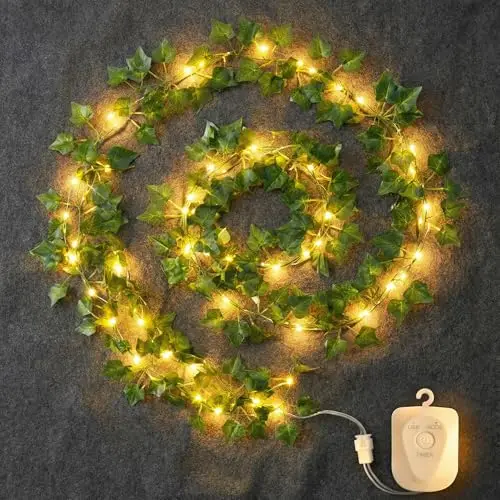 Guirlandes lumineuses,guirlandes artificielles LED lierre, 3M lierre artificiel avec 30 LED, batterie avec 8 modes et minuterie,rechargeables USB pour intérieur,décoration de mariage et fête