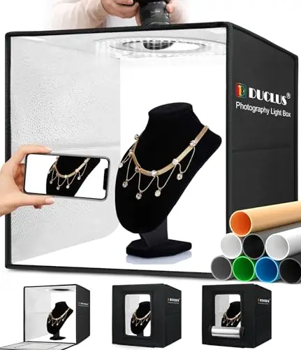 DUCLUS Studio Photo 40 cm avec 160 LED, Boite Photo Pliable CRI 95+ 5500K, 10 Niveaux de Luminosité, Light Box avec 8 Fonds pour Ecommerce, Créations Artisanales et Contenu Social