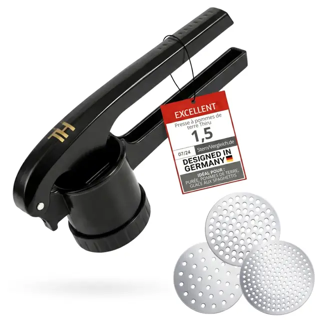 Thiru presse purée 3in1 - presse purée manuel avec 3 disques en acier inoxydable – purée, légumes & desserts – appui casserole antidérapant – compatible lave-vaisselle