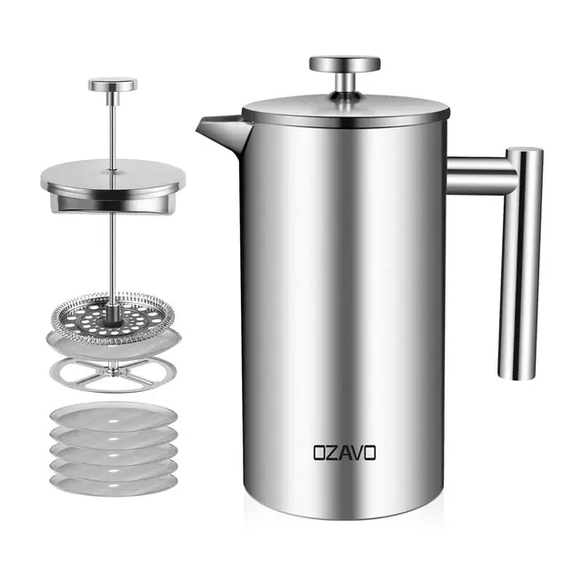 Cafetière à Piston 1000ML INOX Isotherme avec 5 Filtres Remplacement French Press 3 en 1 Acier Français Cafe Filtre à Thé Manual - 1 Litre