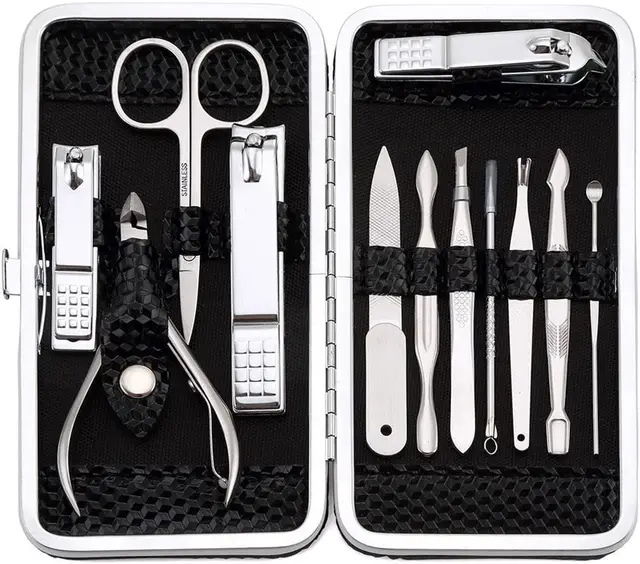 Kit Manucre Pedicure - Coupe Ongle Professionnel Coupe Cuticule Acier Inoxydable - Trousse Manucure Pedicure Set de 12pcs avec Exquis La Boîte by Keiby Citom (Noir)