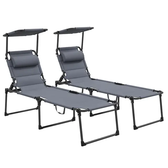 Outsunny Lot de 2 Transats Pliants avec Pare-Soleil Réglable Gris