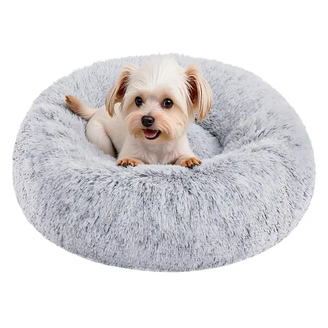 Feandrea Panier pour Chien, Lit Ronde en Forme de Beignet, Canapé, Coussin Central Amovible et Lavable, Tissu Peluche Doux, Ø50 cm, Gris Ombré PGW037G01